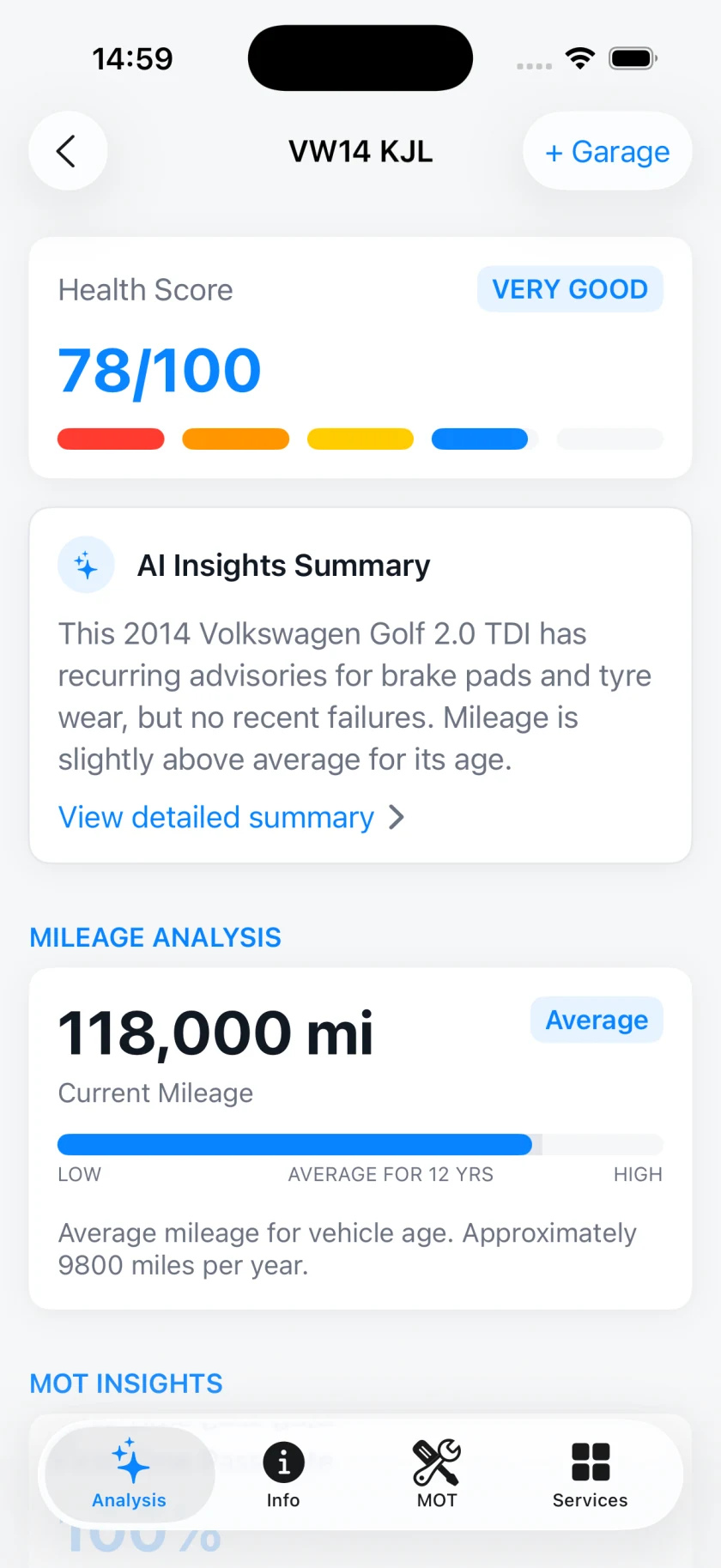 CarAdvisor Analysis tab showing a 78/100 health score, AI insights summary and mileage analysis for a 2014 VW Golf